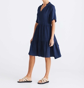 Robe décontractée vintage en lin à manches chauve-souris, coupe trapèze, longueur genou, écologique, respirante, avec ourlet à volants élégant, ajustable, grande taille - Product Image 3