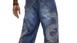 Men's Wide Leg Denim <b>Jeans</b> High Waist Loose Fit <b>Embroidered</b> Dragon Floral Pattern Hip Hop Streetwear Style Stonewashed Cotton - Product Image 2