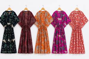 Women's Floral Print 100% Cotton <b>Kaftan</b> Dress | V-neck Batwing Sleeves Maxi Boho Casual <b>Summer</b> Eco-Friendly Breathable Handmade - Product Image 1