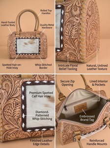 Hand <b>Tooled</b> Cowhide <b>Leather</b> Duffel Bag with Floral Pattern Polyester Lining and Zipper Closure for Women Travel Weekender - Product Image 3