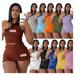 Women's Gray Ribbed 2 Piece <b>Set</b> Halter Top With Zipper Shorts <b>Sexy</b> Club Wear Spring Summer Outfit - Product Image 6