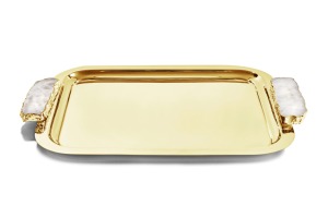 Gold Plated Rectangle Storage <b>Tray</b> With White Agate Handles Polished Finish Modern Luxury Design For Table Use - Product Image 5