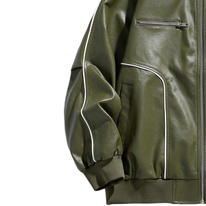 Chaqueta de Cuero para Hombre, Estilo Bomber, Cuello Camisero, Cierre de Cremallera, Color Sólido, Manga Regular, Estilo Casual Otoñal - Product Image 3