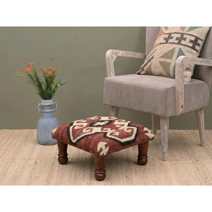 Handcrafted Bohemian Square <b>Pouf</b> With Abstract Geometric Pattern Wooden Legs Red Beige Black Design Living Room Decor - Product Image 4