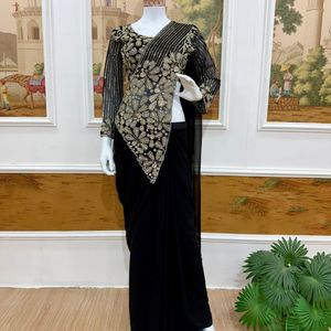 Magnifique sari en georgette prêt-à-porter avec blouse de créateur brodée de semi-perles, prix de gros par Royal Export - Product Image 6
