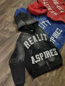 Sudadera con capucha y cremallera Blue Reality Aspires |   Sudadera con Capucha Decorada con Pedrería Estilo Urbano |   Fabricante de Moda Urbana con Etiqueta Privada OEM Personalizada - Product Image 2