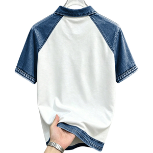 Chemise en coton uni pour homme, blanc et bleu, avec poche en jean contrastant, manches courtes, coupe classique, décontractée, respirante, tricotée pour l'été - Product Image 2