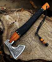 Hache Viking à barbe en acier au carbone, très vendue, avec manche en cuir et bois, forgée à la main, symbole nordique