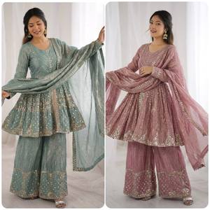 ชุดคุर्ติและกางเกงพลลาโซแบบปักลายสำหรับงานแต่งงานและงานเฉลิมฉลอง พร้อมผ้าคลุมไหล่แฟนซีและงานปักประณีต - Product Image 2