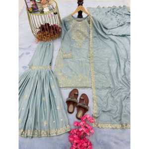 Ensemble de costume de soirée gris pour femmes PD-Aarohi Designer avec haut élégant Plazzo et magnifique dupatta taille 2XL - Product Image 4