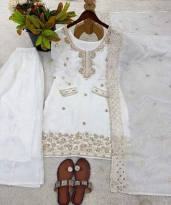 FANCY GMY SILK EMBROIDERY BEADS WORK TOP PALAZZO WITH DUPATTA WHOLESALE PRICE ETHNIC GARMENT 85063 WHITE - Product Image 3