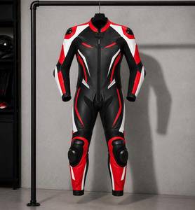 Unisex Black <b>Red</b> White Leather Motorcycle Racing <b>Suit</b> Full Sleeve Windproof Anti-UV Breathable Color Blocked All Seasons Wear - Product Image 1