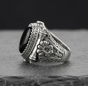 Men's 925 <b>Silver</b> <b>Silver</b> Signet Ring With 10x14mm Oval Black Onyx Gemstone Vintage Floral Pattern Bezel Setting For Everyday Wear - Product Image 2