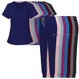 Conjuntos de uniformes médicos para mujer, top con cuello en V y bolsillos, pantalones con cordón, mezcla de algodón, tejido de punto, uniformes de hospital para enfermeras y médicos - Product Image 6