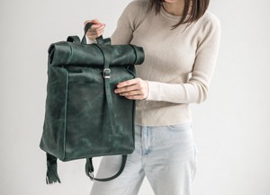 Leather Roll Top Backpack Mens Retro Travel Daypack Genuine Cowhide Laptop Bag with <b>Padded</b> Shoulder Strap LTBP-0015 - Product Image 3