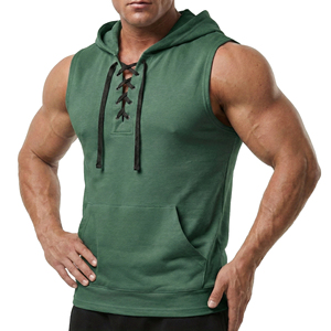 Camiseta sin mangas con logo personalizado para hombre, chaleco de entrenamiento con cordones frontales, ropa de algodón y felpa, camisetas con bolsillo canguro. - Product Image 6