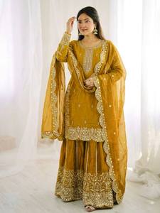 Conjunto de Salwar Kameez de Seda Pura Fandy Bordado en Amarillo Mostaza para Mujer, Traje Tradicional Indio Pakistaní para Boda, Corte Regular, Largo hasta el Tobillo - Product Image 5