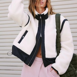Women Sherpa Fleece Patchwork <b>Jacket</b> <b>Short</b> Stand Collar Full Zip Bomber Coat Winter Outerwear - Product Image 3