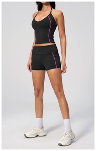 Black 2 Piece Yoga Set Halter <b>Crop</b> <b>Top</b> High Waist Shorts Contrast Stitch Seamless Quick Dry Spandex Polyester - Product Image 3