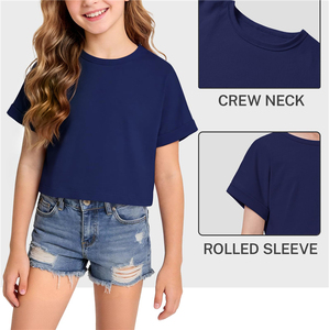 เสื้อยืดครอปเด็กผู้หญิง สีกรมท่า ผ้าฝ้ายผสมสแปนเด็กซ์ แขนสั้น คอกลม เรียบง่าย แบบพื้นฐาน เหมาะสำหรับใส่เป็นชุดนักเรียน - Product Image 3