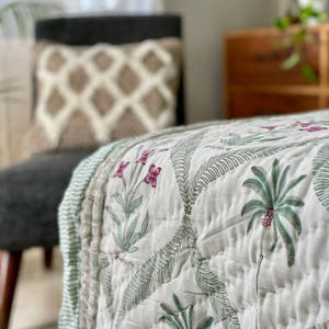 Hand-Block Printed Palm Tree & Pink Floral Cotton Jaipuri Razai / <b>Quilt</b> Reversible Tropical AC 90*108" Size Dohar <b>Bedding</b> - Product Image 1