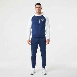 Men's Blue <b>White</b> Color Block Hooded <b>Tracksuit</b> Full Sleeve Casual Sportswear Set With Side Pockets Regular Fit Autumn Wear - Product Image 1