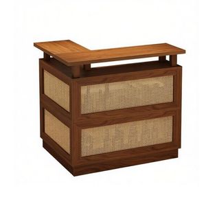 Tavolo da Bar Vintage in Legno e Rattan con Piedi Regolabili per Casa, Feste, Ristoranti, Hotel, Giardini Esterni - Product Image 2