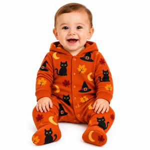 Mono con capucha de Halloween para bebé, color naranja, con estampado de luna, sombrero de bruja y gato negro, manga larga, con botones al frente, conjunto de ropa para bebé - Product Image 1