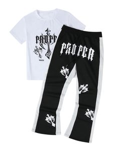 Ensemble de survêtement 2 pièces pour homme : T-shirt à manches courtes avec motif lettres et pantalon de survêtement évasé à cordon de serrage - Product Image 1