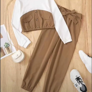 Girls <b>2</b>-<b>Piece</b> Contrast Long Sleeve Top and Paperbag Waist Jogger <b>Set</b> Tan & <b>White</b> Color Block Lounge <b>Set</b> with Bow Waist Trousers - Product Image 1