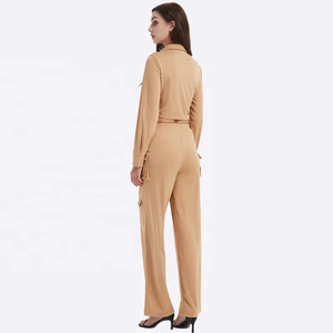 Women Black Full Length Cargo <b>Pants</b> Set Casual Solid Color Long Sleeve Shirt With Knot Detail Turn-<b>down</b> Collar Spring Style - Product Image 2