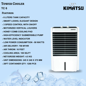 เครื่องทำความเย็นแบบพกพา TC 6 รุ่น Electric Portable Tower Air Cooler พร้อมปั๊มจุ่มประสิทธิภาพสูง 3 ระดับความเร็ว  พร้อมตัววัดระดับน้ำ  วัสดุพลาสติกสีขาว สำหรับใช้ในครัวเรือน - Product Image 2