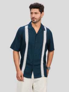 Men's Winter Solid Navy Blue Short Sleeve Casual Regular Fit Woven Fabric Breathable Anti-Pilling & Anti-UV Embroidered <b>Shirt</b> - Product Image 1