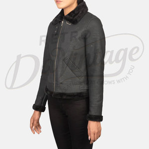 Women Black Distressed Real <b>Leather</b> <b>Jacket</b> Black Faux Fur Trim Slim Fit Premium Sheepskin Winter Biker Outerwear Coat - Product Image 5
