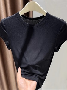 T-shirt court en maille unie crème pour femme, col rond, coupe ajustée, respirant, style minimaliste printemps-été - Product Image 6