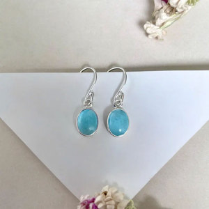 Handmade Gold Plated <b>Sterling</b> <b>Silver</b> Larimar Oval <b>Earrings</b> Natural Blue Gemstone Minimalist <b>Dangle</b> Jewelry for Women Party - Product Image 3