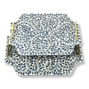 Ensemble de plateau de service rectangulaire de luxe fait à la main MDF Capiz incrustation poignées en métal en laiton doré motif de feuille élégant durable Durable - Product Image 2