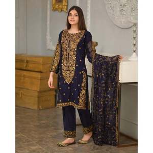 PANTALON DE TRAVAIL DE SÉQUENCE DE BRODERIE GEORGETTE À LA MODE AVEC DUPATTA BLEU MARINE - Product Image 1