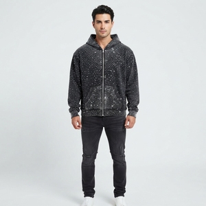 <b>Mens</b> Winter Oversized Plaid Pattern Rhinestone Zip-Up Fleece <b>Hoodie</b> with Breathable <b>Black</b> Crystal Studded & Kangaroo Pockets - Product Image 1