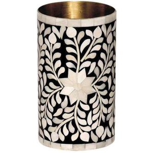 Jarrón de flores de lujo con incrustaciones de metal y hueso, forma redonda, hecho a mano, con patrón floral en blanco y negro, maceta decorativa para mesa. - Product Image 1