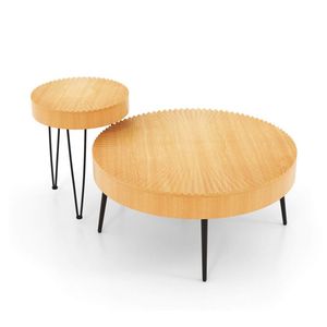 Set di 2 Tavolini Rotondi Boho Artigianali con Piano in Legno di Pino Massiccio e Gambe in Metallo Resistente - Product Image 5