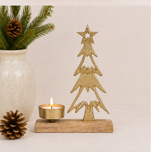 Luxury Gold Aluminum Christmas <b>Tree</b> Tea <b>Light</b> Holder With Premium Mango Wood Base For Holiday Table Centerpiece And Festive Home - Product Image 2