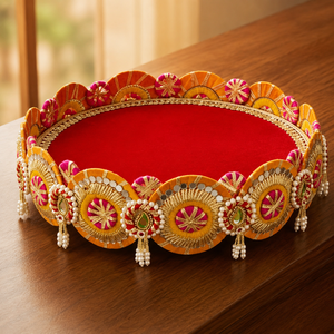 Handmade Red Velvet <b>Wedding</b> Ring Platter Pearl Tassel Decorative Engagement Tray for Bridal Ceremony Decor - Product Image 5
