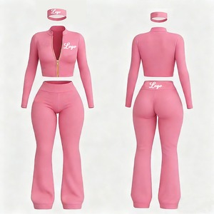 Women 2 Piece Tracksuit Set <b>Black</b> Zip-Up Crop <b>Top</b> Flare Pants Stand Collar <b>Long</b> <b>Sleeve</b> Solid Color Breathable Spandex Polyester - Product Image 6
