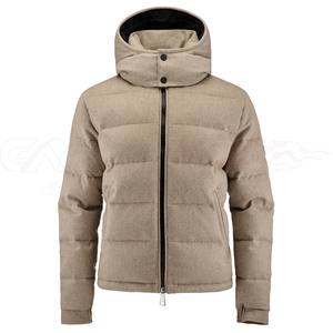 Women's Beige Hooded Puffer Jacket Canvas Stand <b>Fur</b> <b>Trim</b> Windproof Thick Polyester Winter Coat Regular Fit Zipper Closure Formal - Product Image 1