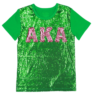 AKA เสื้อยืดสีเขียวปักเลื่อม เสื้อเชิ้ตแฟชั่นพรีเมียมสำหรับผู้หญิง ปักลายเชนิลล์ สไตล์กรีก - Product Image 1