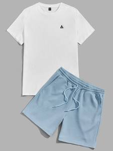 Conjunto de Camiseta y Pantalones Cortos de Algodón para Hombre, Color Sólido, Cuello Redondo, Bolsillo, Ribete en Contraste, Ropa Casual, Corte Regular - Product Image 2