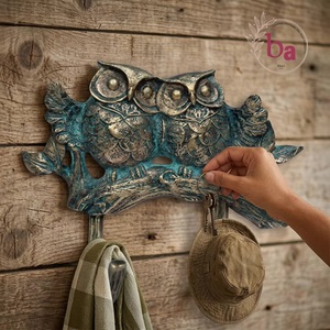 Porte-manteau mural double réglable en fonte de laiton bleu vieilli, motif hibou, fait main, écologique et durable, pour vêtements - Product Image 4