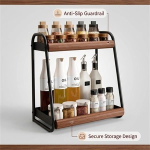 2 Tier Spice Rack Wooden Metal <b>Kitchen</b> Organizer Shelf Wall Mounted <b>Storage</b> Jar Holder Home Decor Modern <b>Kitchen</b> <b>Storage</b> - Product Image 3