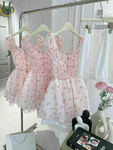Sweet Natural Woven Floral Puff Dress Smocked Bodice <b>Lace</b> Trim Set Mini Length <b>Sleeves</b> Square Neck Lightweight Breathable A-Line - Product Image 2